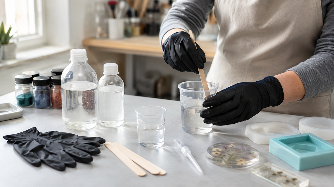 Maker carefully mixing measured resin beside moulds and tools from a starter kit