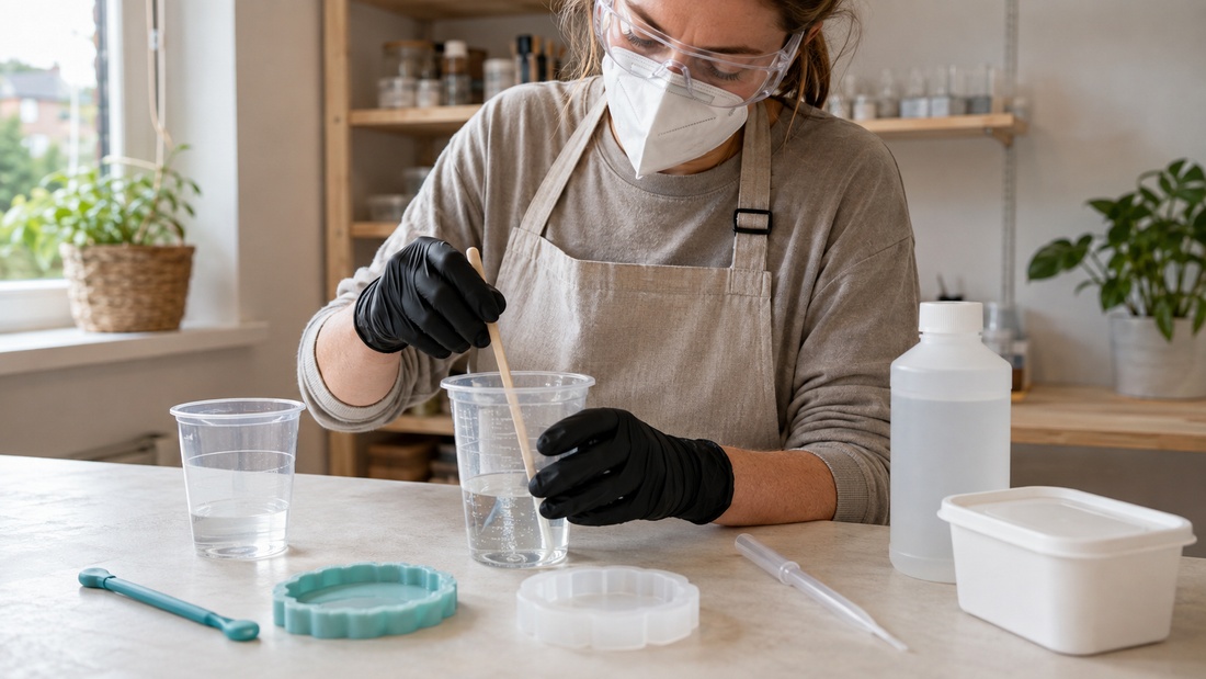 Resin maker wearing gloves and protective clothing at an organised craft bench in natural daylight
