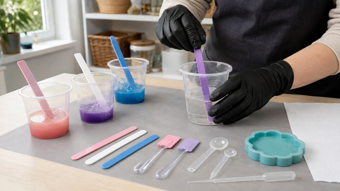Gloved maker mixing clear resin with silicone stirring tools on a tidy daylight craft bench