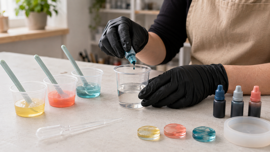 Gloved maker adding measured liquid pigment to resin cups on a tidy daylight craft bench