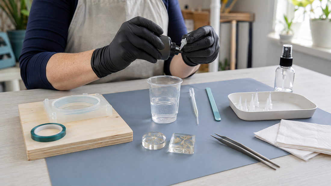 Gloved resin maker using a work mat, dispensing tools and supported moulds on a tidy daylight bench