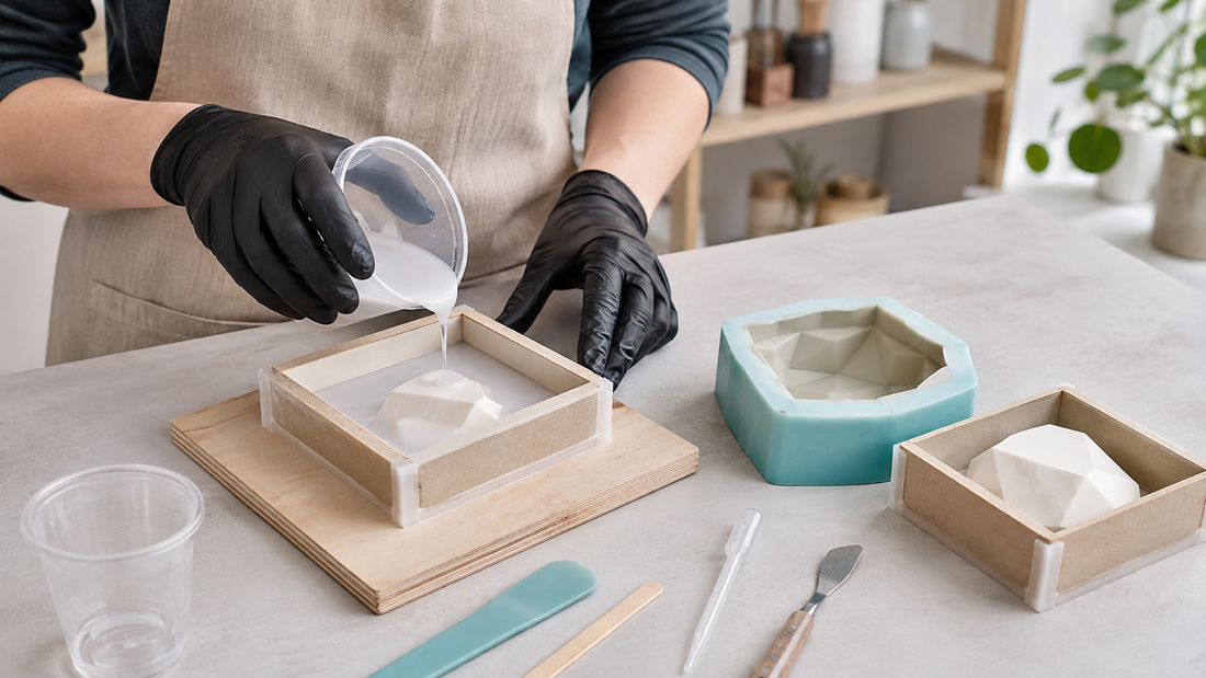 Gloved maker pouring mould material around a prepared master on a tidy daylight workbench