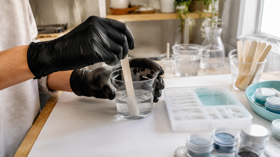 Black disposable gloves beside resin mixing tools in a clean, organised workshop.