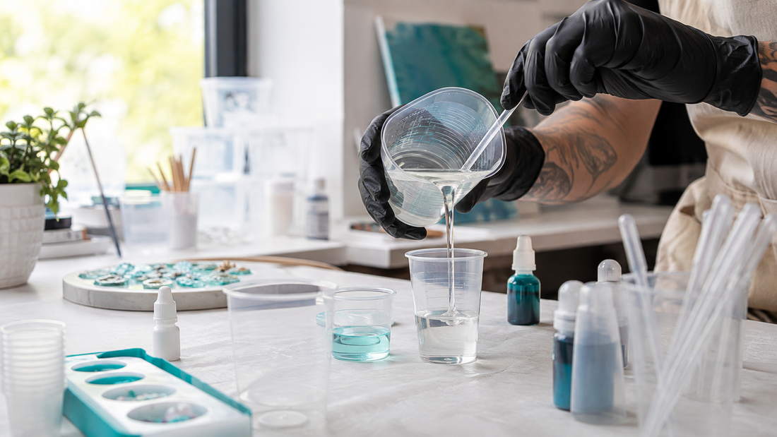 Resin mixing and measuring tools including disposable cups and graduated pipettes