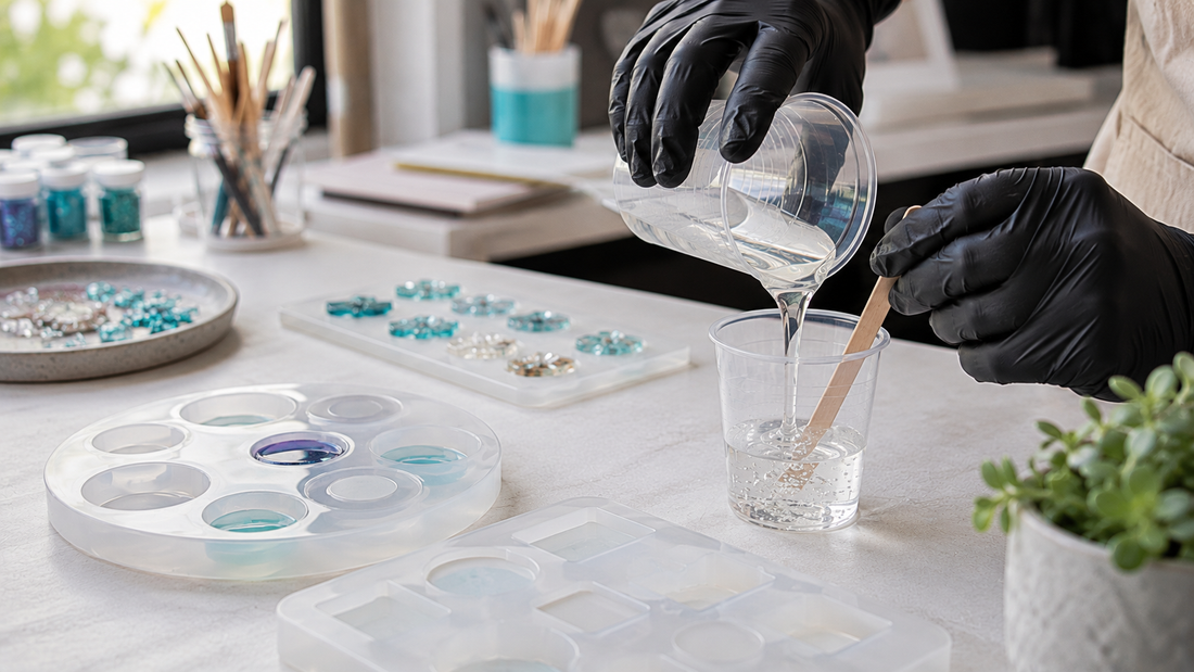 Clear resin being measured and mixed in cups on a tidy craft workspace with moulds and decorative materials
