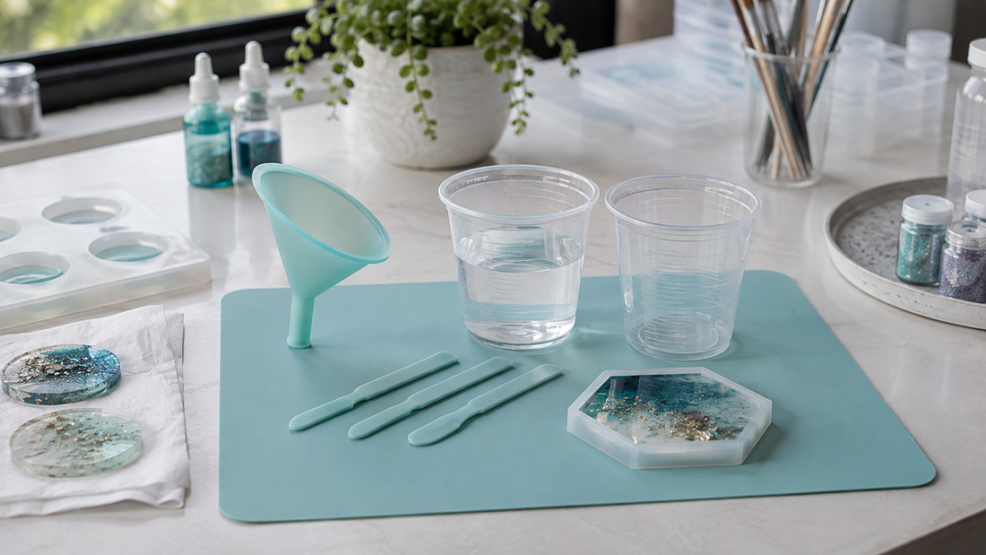 Green Stuff World resin tools, measuring cups and applicators arranged on a tidy resin crafting workspace