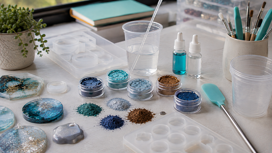 Metallic pigment powders in blue, teal and warm tones beside resin mixing tools on a tidy craft workspace