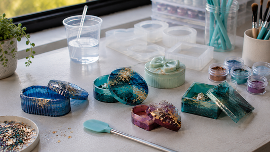 Resin trinket boxes with matching lids beside silicone moulds and mixing tools on a tidy craft workspace