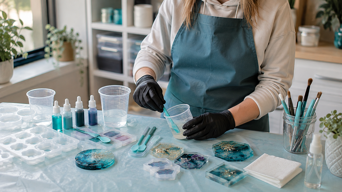 Craft apron beside resin mixing cups, silicone moulds and tools on a clean, organised resin workspace