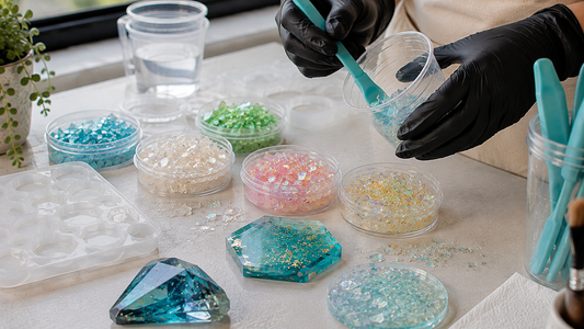 Iridescent glass flakes beside clear resin, silicone moulds and mixing tools on a tidy resin crafting workspace