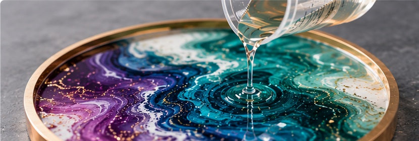 Decorative epoxy resin being poured into colourful resin artwork