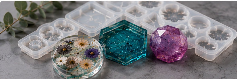 Silicone moulds with colourful finished resin castings