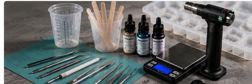 Resin craft tools, mixing equipment and accessories on a workbench