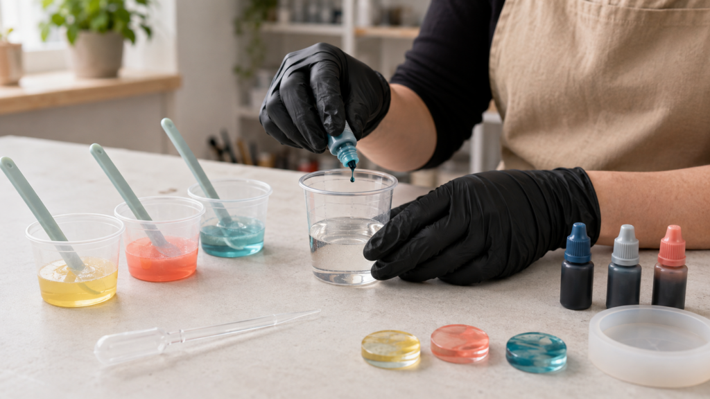Gloved maker adding measured liquid pigment to resin cups on a tidy daylight craft bench