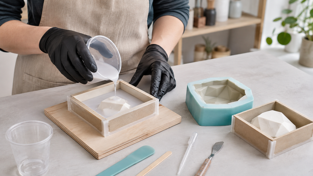 Gloved maker pouring mould material around a prepared master on a tidy daylight workbench