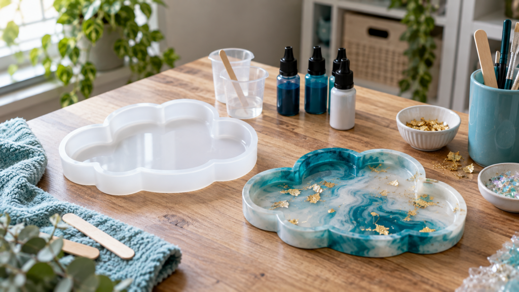 Cloud-shaped silicone resin tray mould on a tidy resin crafting workspace