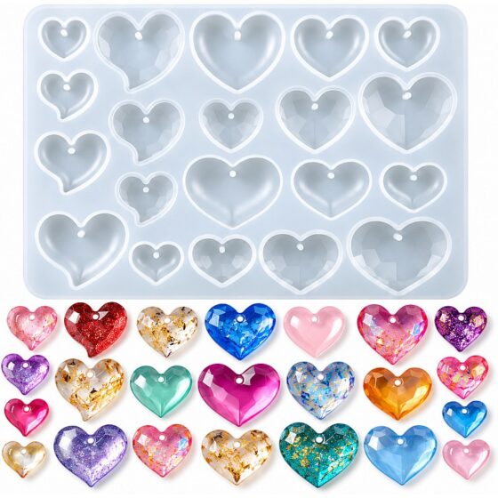 20-Cavity Faceted Heart Pendant Silicone Mould
