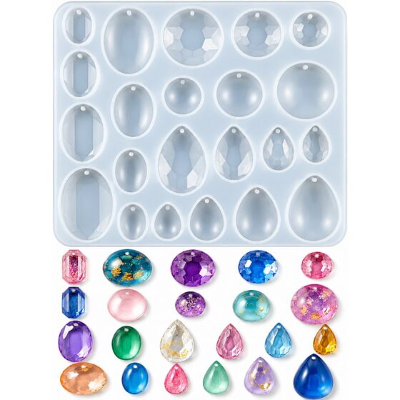24-Cavity Oval, Round & Teardrop Gemstone Pendant Silicone Mould