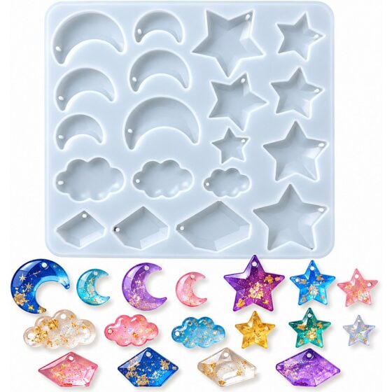 19-Cavity Moon, Star, Cloud & Crystal Pendant Silicone Mould